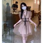 V-neck Dotted Ruffle A-line Dress Khaki - One Size