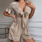 Short Sleeve Bow Front Printed Playsuit