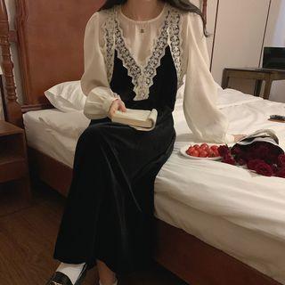 Puff-sleeve Blouse / Spaghetti Strap Lace Panel Dress