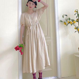 Buttoned Short-sleeve Midi Shift Dress