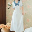 Short-sleeve Sailor Collar Bow-front Midi A-line Dress