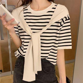 Mock Two-piece Shawl Collar Striped Short-sleeve Top