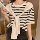 Mock Two-piece Shawl Collar Striped Short-sleeve Top