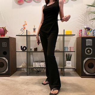 Set: Sleeveless Drawstring Top + Boot-cut Pants
