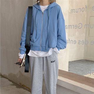 Hooded Zip Jacket / Long-sleeve Plain T-shirt / Gather-cuff Lettering Sweatpants