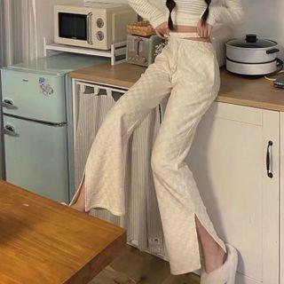 High Waist Checkerboard Slit Wide Leg Pants
