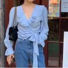 Tie-front Ruffled Blouse Blue - One Size