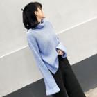 Plain Turtle-neck Long-sleeve Sweater Blue - One Size