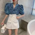Contrast Stitching Skort / Puff-sleeve Patterned Blouse