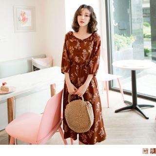 Floral Print Gather Waist Midi A-line Dress