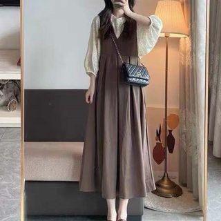 Puff-sleeve Blouse / Midi Overall Dress / Set