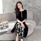 Set: 3/4-sleeve Beaded Pleuche Long Top + Floral Wide Leg Pants