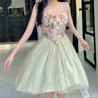Spaghetti Strap Floral Print Panel Mesh Midi Dress