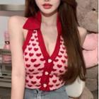 Halter Heart Pattern Knit Top Red Love Heart - Pink - One Size