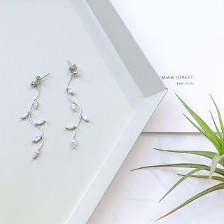 925 Sterling Silver Rhinestone Leaf Dangle Earring 925 Silver - Silver - One Size