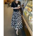 Short-sleeve V-neck Knit Top / Heart Midi A-line Skirt / Set