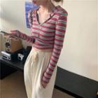Long-sleeve Rainbow Stripe Knit Hoodie As Shown In Figure - One Size
