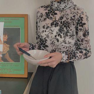 Mock-neck Floral Top Black & White - One Size