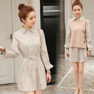Set: Long-sleeve Pinstriped Shirt Dress + Vest
