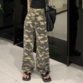 High Waist Camo Print Wide-leg Jeans