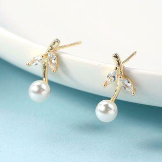 Rhinestone Faux Pearl Earring 1 Pair - Leaf - One Size
