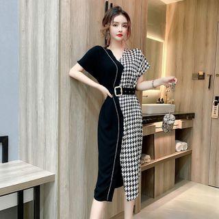 Houndstooth Panel Slit Midi Bodycon Dress