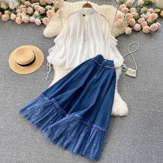 Set Of 2 : Cutout Ruffle Long-sleeve Chiffon Shirt + Mesh Panel Denim A-line Skirt