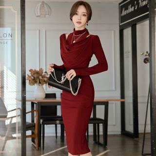 Cold-shoulder Long-sleeve Ruched Midi Sheath Dress
