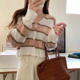 Long-sleeve V-neck Striped Cropped Knit Top