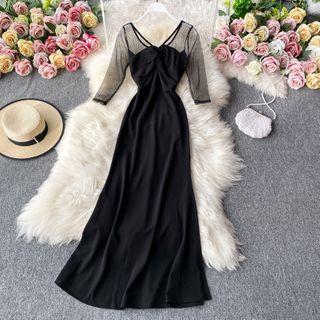 Plain Elbow-sleeve Slit Dress