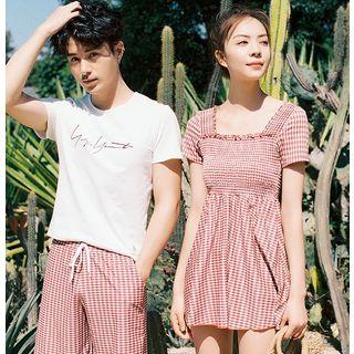 Couple Matching Short-sleeve Plaid Swim Dress / Beach Shorts