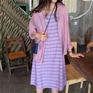 Set: Spaghetti Strap Plaid Midi Dress + Shirt Dress - Light Purple - One Size / Shirt - Pink - One Size