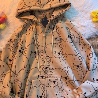 Bear Print Long-sleeve Zip-up Hoodie