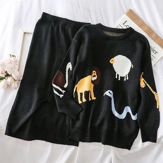 Set: Loose-fit Printed Sweater + Knit Midi Skirt Black - One Size