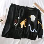 Set: Loose-fit Printed Sweater + Knit Midi Skirt Black - One Size