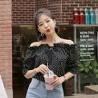 Off-shoulder Frill-trim Printed Blouse