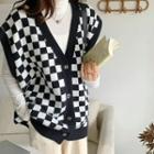 V-neck Chessboard Pattern Knit Vest