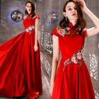 Stand Collar Cap Sleeve Floral Embroidered Evening Gown