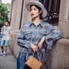 Fringed Plaid Long-sleeve Blouse