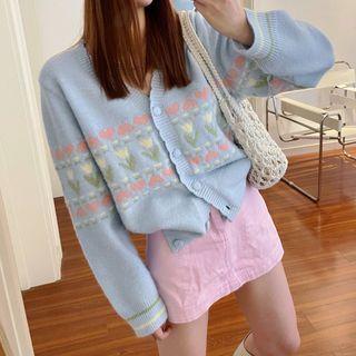 Heart Print Cardigan Light Blue - One Size