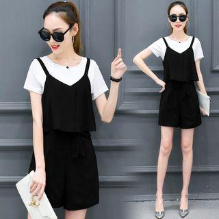 Set: Mock Two Piece Short Sleeve T-shirt + Wide Leg Shorts