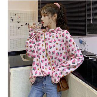 Mock Neck Long-sleeve Strawberry Print Top