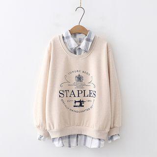 Mock Two-piece Plaid Panel Printed Sweatshirt