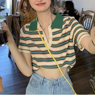Striped Cropped Polo Shirt Striped - Green & Off-white - One Size