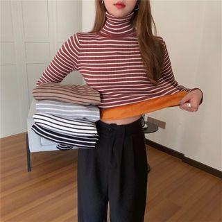 High-neck Fleece-lined Striped Knit Top