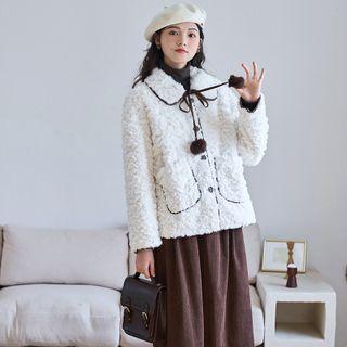 Pom Pom Accent Fleece Button-up Jacket