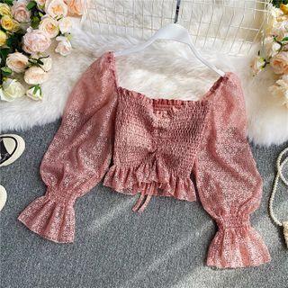 Cold Shoulder Lace Cut Out Ruffle Drawstring Long-sleeve Top
