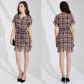 Short-sleeve Tweed Plaid Tasseled A-line Dress