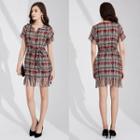 Short-sleeve Tweed Plaid Tasseled A-line Dress