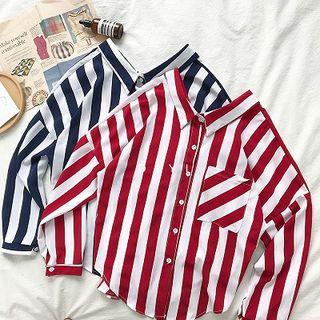 Single-pocket V-neck Striped Long-sleeve Blouse